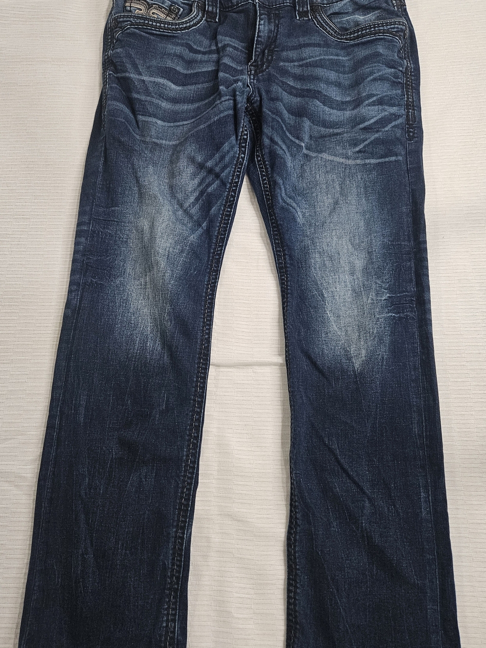 Rock Revival Men's RYE Blue Bootcut Jeans with Faded Whiskering